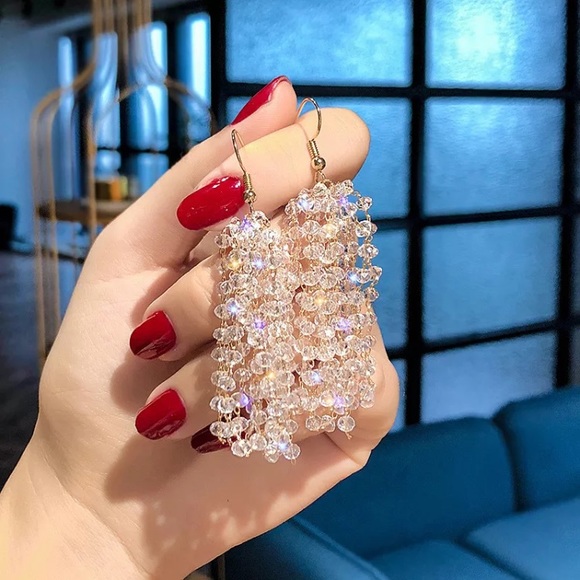 🌟Long Tassel Drop Crystals Earrings - Picture 2 of 6